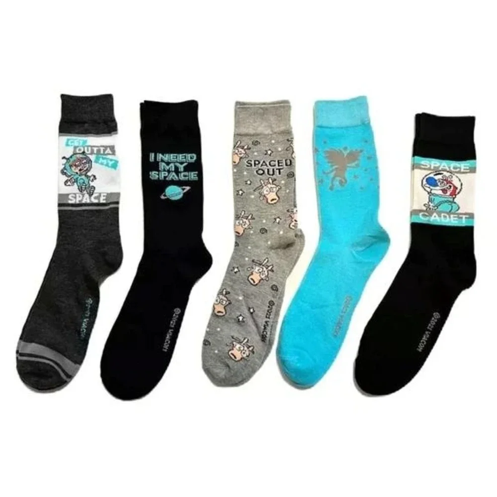 Nickelodeon Crew Socks Mens 10-13 Blue Black New 5 Pack 90s Classics Space